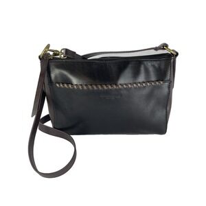Tignanello Purse Crossbody bag Black Soft Leather Brown Trim Whipstitch Accents
